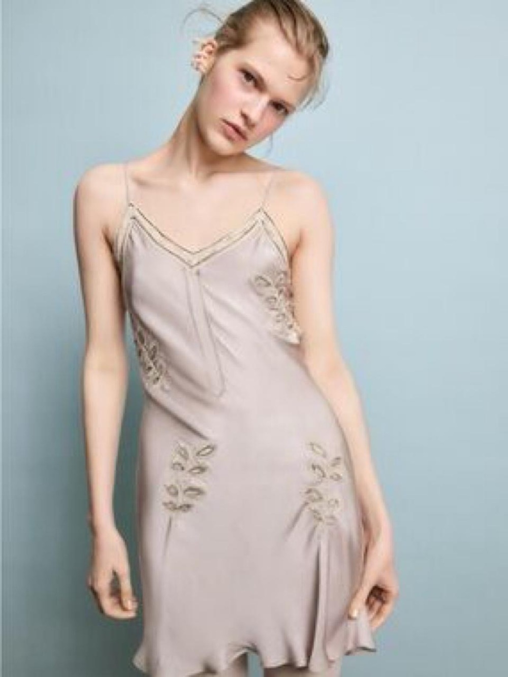 Zara Embroidered Satin Slip Dress Taupe Size Small